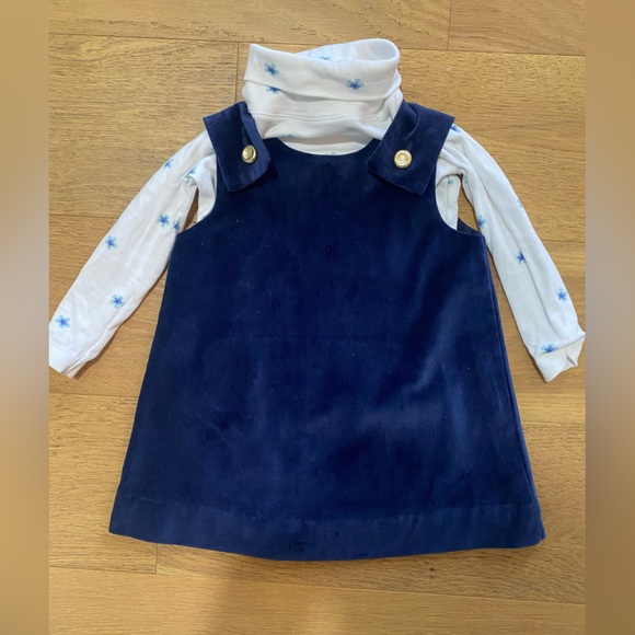 TBBC Navy Blue girls jumperDress with White Floral Top turtleneck 2T VGUC